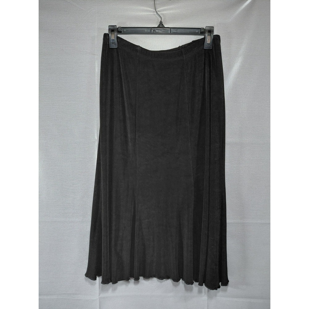 Y2K Choices Flared Slinky Black Midi Skirt Med Ruffle Hem Stretchy Pull On